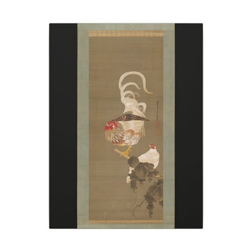 Hen and Rooster with Grapevine on 12 × 16 matte canvas, front.