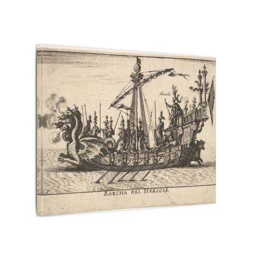 Plate 1: Ship of Hercules (Barcha del Hercole), with dragon-headed prow and Hercules on platform behind oarsmen and standing soldiers, from "The magnificent pageant on the river Arno in Florence for the marriage of the Grand Duke" (Le Magnifique carousel fait sur le fleuve de l'Arne a Florence, pour le mariage du Grand Duc) on 12 × 16 matte canvas, side.