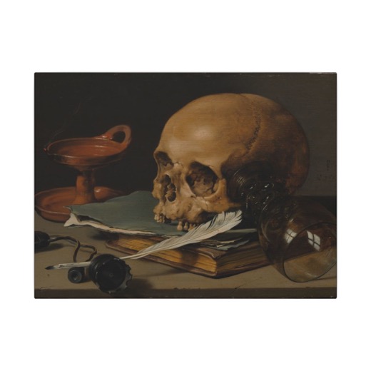 Still Life with a Skull and a Writing Quill on 16 × 12 matte canvas, front.