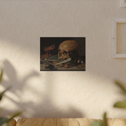 Still Life with a Skull and a Writing Quill on 16 × 12 matte canvas, room view.