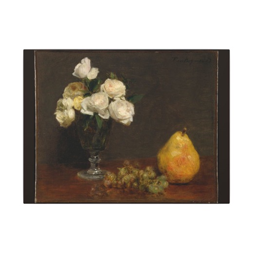 Still Life with Roses and Fruit on 16 × 12 matte canvas, front.