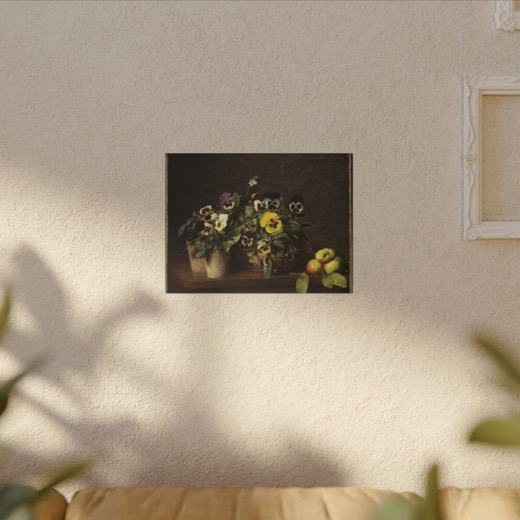 Still Life with Pansies on 16 × 12 matte canvas, room view.