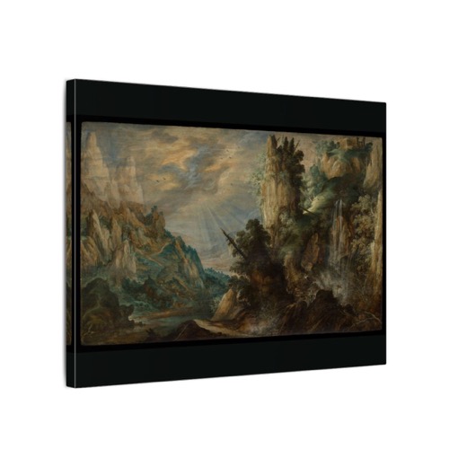 A Mountainous Landscape with a Waterfall on 16 × 12 matte canvas, side.