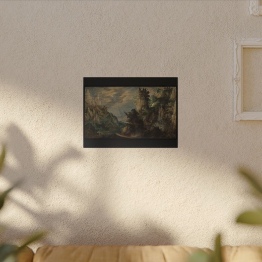 A Mountainous Landscape with a Waterfall on 16 × 12 matte canvas, room view.