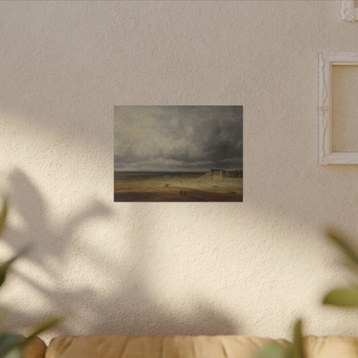 Landscape with a Plowed Field and a Village on 16 × 12 matte canvas, room view.
