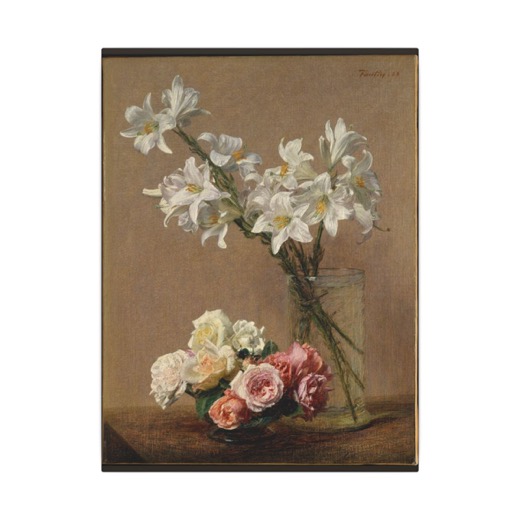 Roses and Lilies on 12 × 16 matte canvas, front.