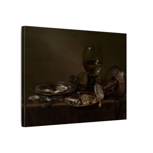 Still Life with Oysters, a Silver Tazza, and Glassware on 16 × 12 matte canvas, side.
