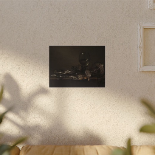 Still Life with Oysters, a Silver Tazza, and Glassware on 16 × 12 matte canvas, room view.