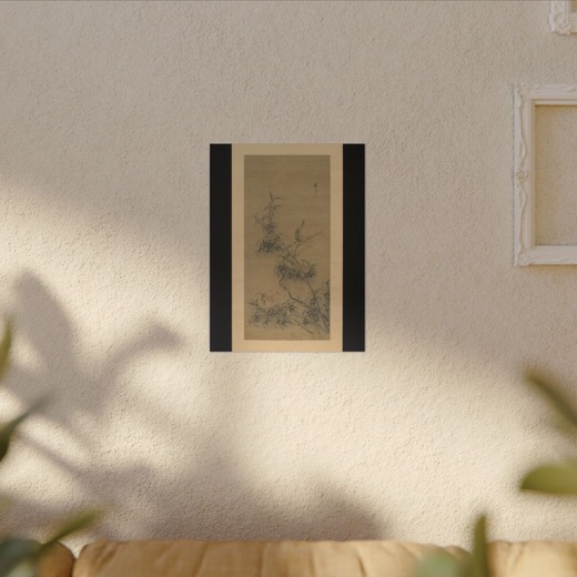 Birds Amidst Blossoming Plum and Bamboo on 12 × 16 matte canvas, room view.