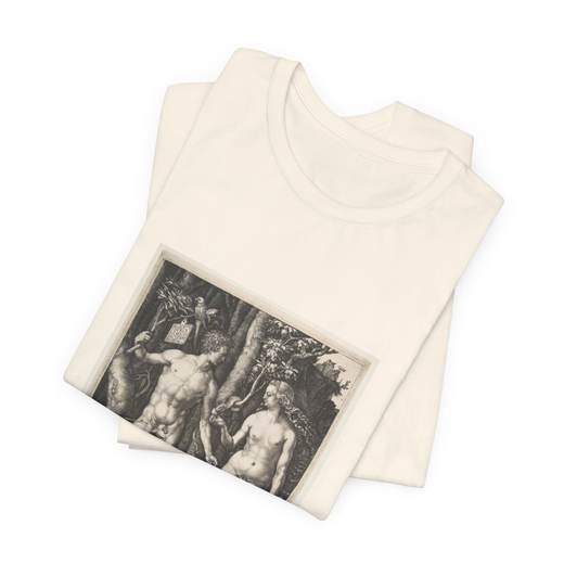 Adam and Eve on Bella + Canvas 3001 T-shirt · Natural, folded.