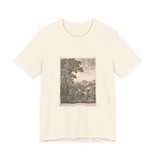 A shepherd on horseback in the middle of a stream, dogs, goats and cows follow, a large tree to left and mountains to right in the background, from "Four large landscapes" (Quatre grands paysages en hauteur) on Natural T-shirt, front.