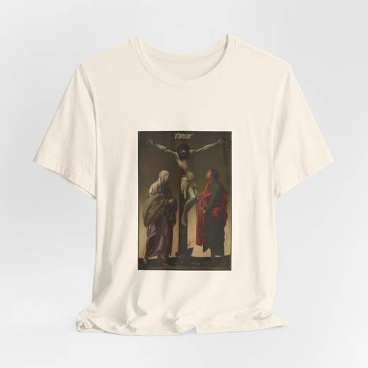 The Crucifixion with the Virgin and Saint John on Bella + Canvas 3001 T-shirt · Natural, hanging 1.