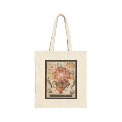 Still Life with Flowers, a Snail and Insects on Natural canvas tote, front.