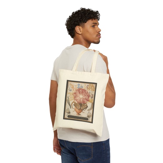 Still Life with Flowers, a Snail and Insects on Natural canvas tote, worn.
