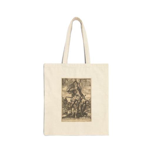 St. William of Aquitaine in armor bearing a standard in his right hand and resting his left hand on a shield, a landscape beyond on Natural cotton canvas tote bag, front.