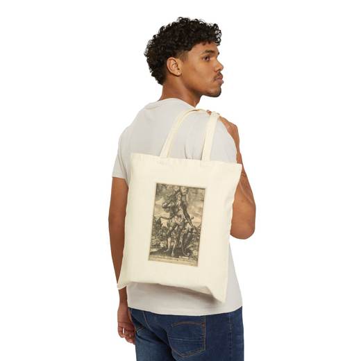 St. William of Aquitaine in armor bearing a standard in his right hand and resting his left hand on a shield, a landscape beyond on Natural cotton canvas tote bag, person front.