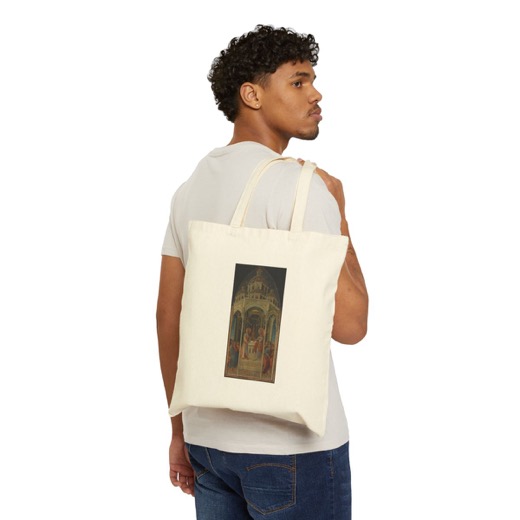 The Annunciation to Zacharias; (verso) The Angel of the Annunciation on Natural canvas tote, worn.