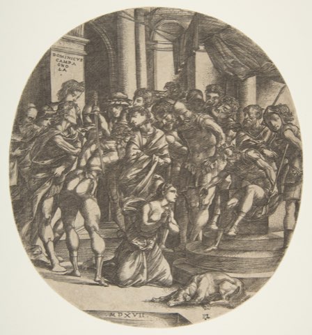 Female figure (Saint Catherine?) kneeling on the ground at center pleading to a male figure (Maximus?) who wears a crown and is seated on a throne at right; at left a figure with raised sword about to strike the woman; a group of figures looking on in the background by Domenico Campagnola.