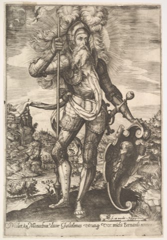 St. William of Aquitaine in armor bearing a standard in his right hand and resting his left hand on a shield, a landscape beyond by Martinus Martini.