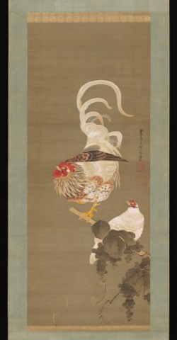 Hen and Rooster with Grapevine by Itō Jakuchū.