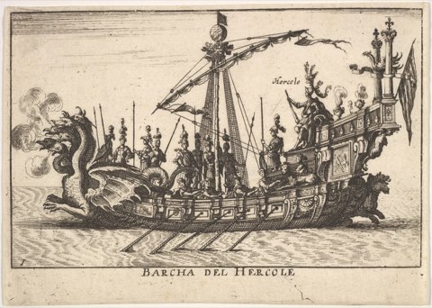 Plate 1: Ship of Hercules (Barcha del Hercole), with dragon-headed prow and Hercules on platform behind oarsmen and standing soldiers, from "The magnificent pageant on the river Arno in Florence for the marriage of the Grand Duke" (Le Magnifique carousel fait sur le fleuve de l'Arne a Florence, pour le mariage du Grand Duc) by Anonymous.