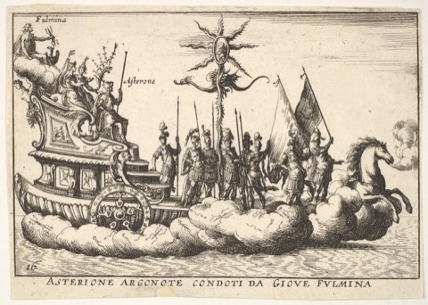 Plate 16: The Argonaut Asterion led by a young figure of lightning (Asterione argonote condoti da Giove fulmina), from "The magnificent pageant on the river Arno in Florence for the marriage of the Grand Duke" (Le Magnifique carousel fait sur le fleuve de l'Arne a Florence, pour le mariage du Grand Duc) by Anonymous.