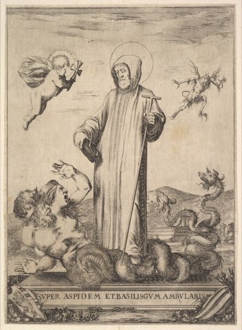 Saint Jean Gualbert trampling a monster with two human heads and a serpentine body, from "Frontispiece and four scenes from the life of Saint John Gualbert" (Frontispice et quatre vignettes pour une vie de Saint Jean Gualbert) by Stefano della Bella.