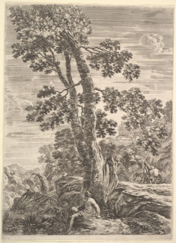 A fisherman leaning against a large tree, a woman walking next to a horse in the background, from "Four large landscapes" (Quatre grands paysages en hauteur) by Stefano della Bella.