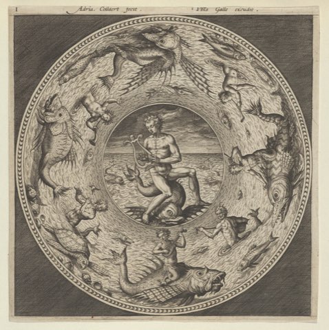 Design for a Plate with Arion Riding a Dolphin in a Medallion Bordered by Sea Monsters by Adriaen Collaert.