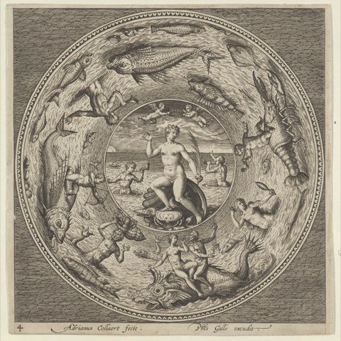 Design for a Plate with Galatea on a Shell Flanked by Trumpeters in a Medallion Bordered by Sea Monsters by Adriaen Collaert.