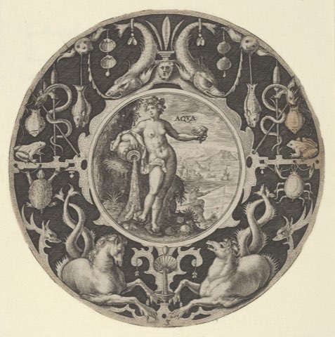 'Aqua' in a Decorative Border with Sea Creatures, from a Series of Circular Designs with the Four Elements by Crispijn de Passe the Elder.