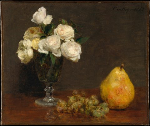 Still Life with Roses and Fruit by Henri Fantin-Latour.