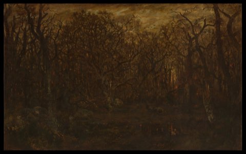 The Forest in Winter at Sunset by Théodore Rousseau.