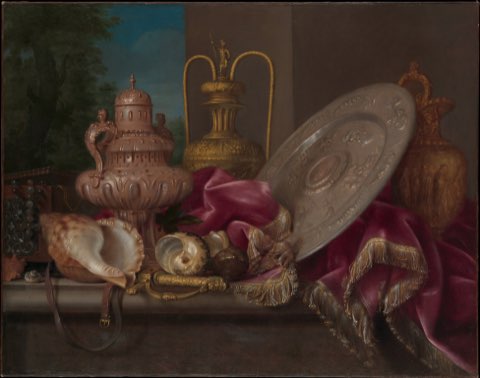 Still Life with Silver and Gold Plate, Shells, and a Sword by Meiffren Conte.