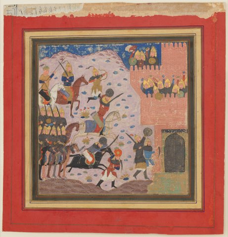 "Kai Khusrau, Gudarz and Giv Capturing the Demon's Fortress, Bahman (?)", Folio from a Shahnama (Book of Kings) by Abu'l Qasim Firdausi.