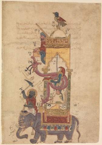"The Elephant Clock", Folio from a Book of the Knowledge of Ingenious Mechanical Devices by al-Jazari by Farrukh ibn `Abd al-Latif.