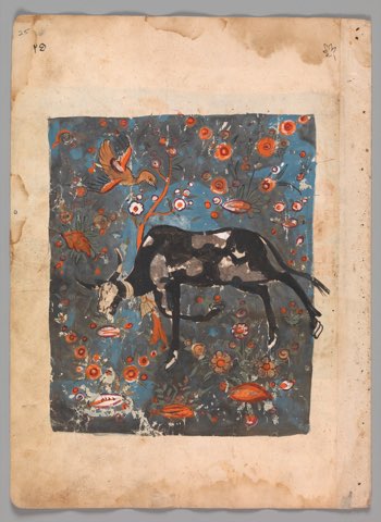 "The Ox Shanzabeh Left Behind, Grazing in the Territory of the Lion King", Folio from a Kalila wa Dimna by Unknown maker.