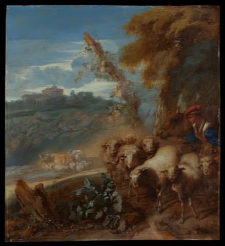 Roman Landscape with a Shepherd and Sheep by Giovanni Benedetto Castiglione (Il Grechetto).