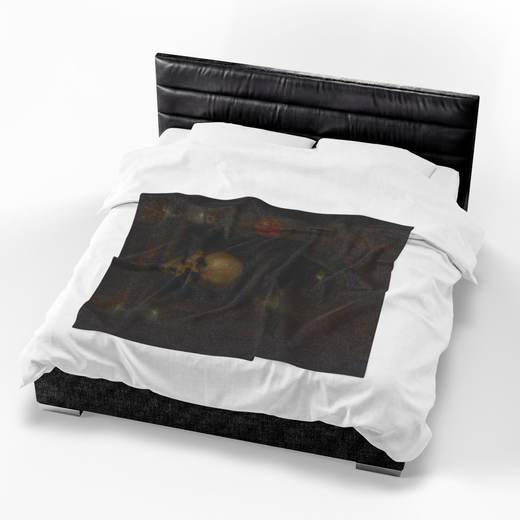 Vanitas Still Life on 50 x 60 velveteen plush blanket, context 4.