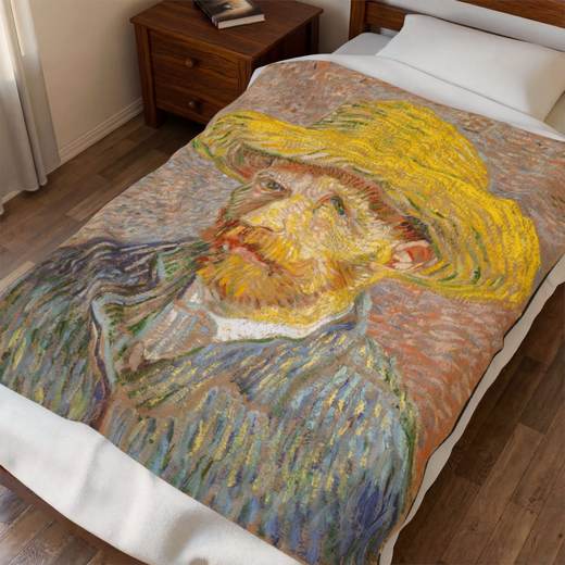 Self-Portrait with a Straw Hat (obverse: The Potato Peeler) on 50 x 60 velveteen plush blanket, context 1.