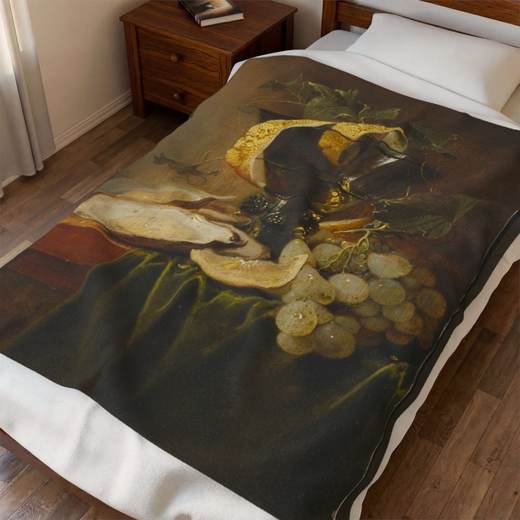 Still Life with a Glass and Oysters on 50 x 60 velveteen plush blanket, context 1.