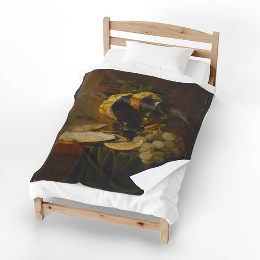 Still Life with a Glass and Oysters on 50 x 60 velveteen plush blanket, context 3.