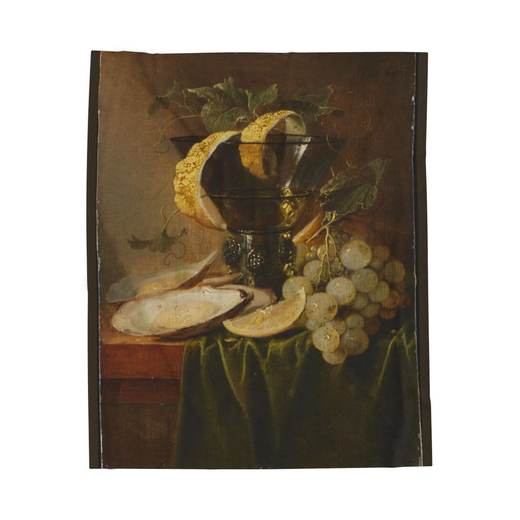 Still Life with a Glass and Oysters on 50 x 60 velveteen plush blanket, front.