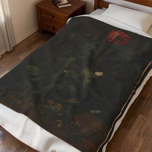 Still Life with Poppy, Insects, and Reptiles on 50 x 60 velveteen plush blanket, context 1.