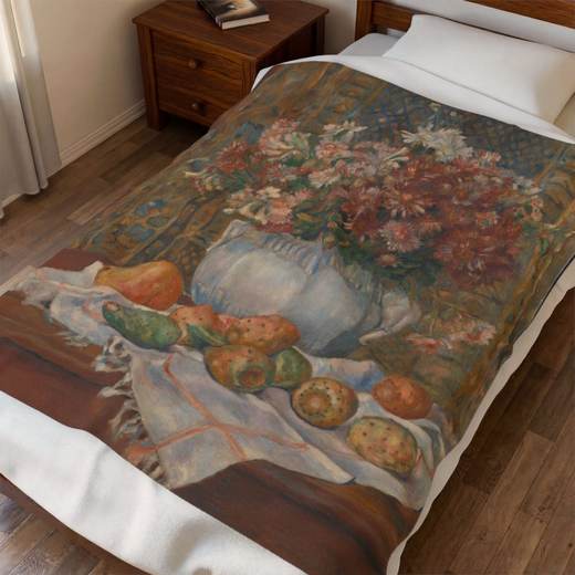 Still Life with Flowers and Prickly Pears on 50 x 60 velveteen plush blanket, context 1.