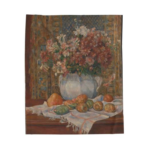Still Life with Flowers and Prickly Pears on 50 x 60 velveteen plush blanket, front.