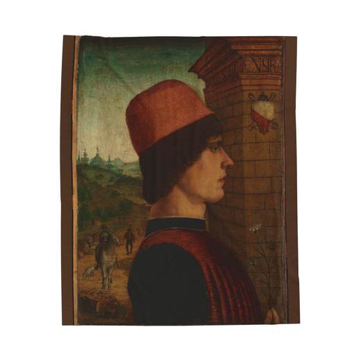 Portrait of a Man, possibly Matteo di Sebastiano di Bernardino Gozzadini on 50 x 60 velveteen plush blanket, front.
