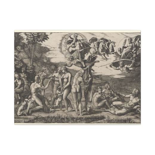 The Judgment of Paris: he is sitting at left with Venus, Juno and Pallas Athena, a winged victory above. In the upper section the Sun in his chariot preceeded by Castor and Pollux on horseback, at lower right two river gods and a naiad above whom Jupiter, an eagle, Ganymede, Diana and another goddess on 16 × 12 matte canvas, front.