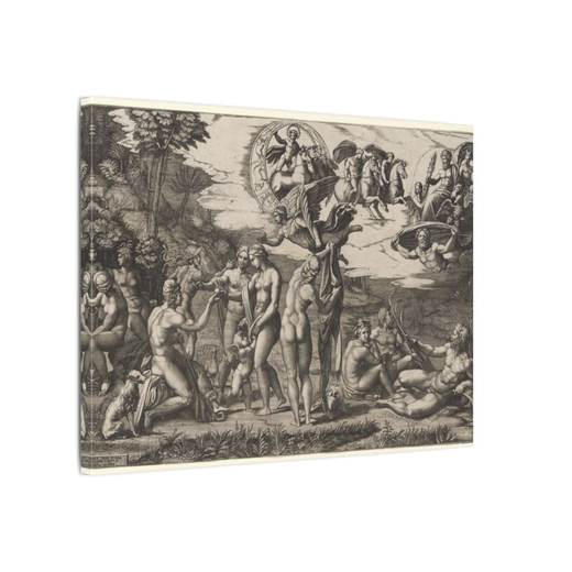 The Judgment of Paris: he is sitting at left with Venus, Juno and Pallas Athena, a winged victory above. In the upper section the Sun in his chariot preceeded by Castor and Pollux on horseback, at lower right two river gods and a naiad above whom Jupiter, an eagle, Ganymede, Diana and another goddess on 16 × 12 matte canvas, side.