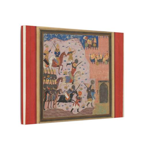 "Kai Khusrau, Gudarz and Giv Capturing the Demon's Fortress, Bahman (?)", Folio from a Shahnama (Book of Kings) on 16 × 12 matte canvas, side.